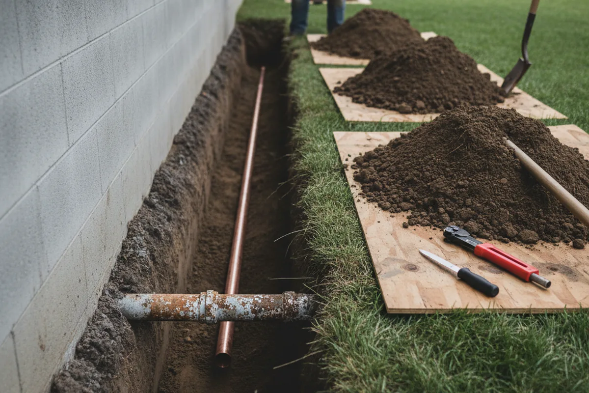 Excavated water line trench during Water Softener Installation in Clifton